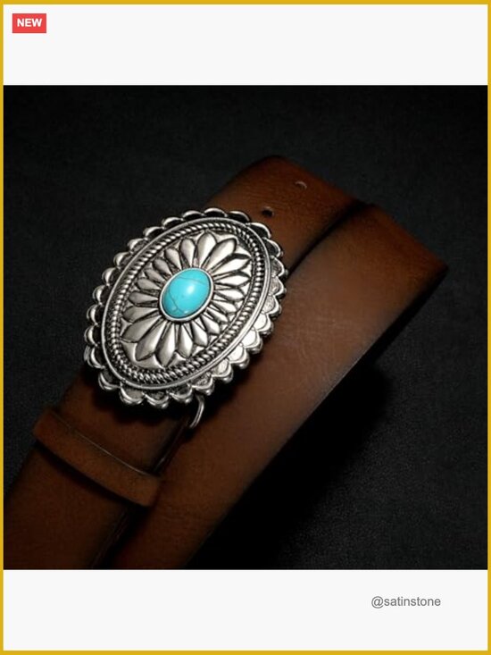 Vintage Western Leather Belt with Turquoise Concho Buckle main image 4